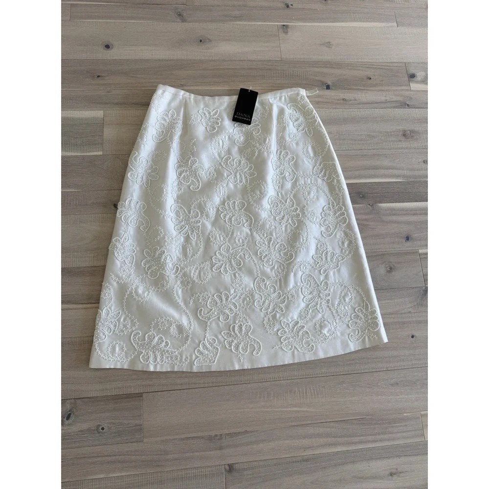 FAB Dana Buchman White Silk w Glass Beads Fully Beaded A-line Skirt Size 8$ 550